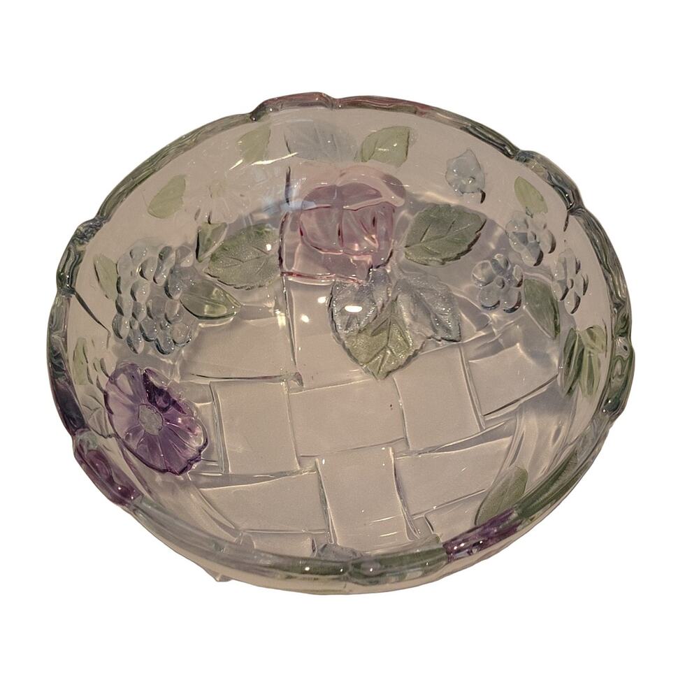Riccardo Soga Pastel Flower and Fruit Bowl Glass Vintage Embossed Multicolor
